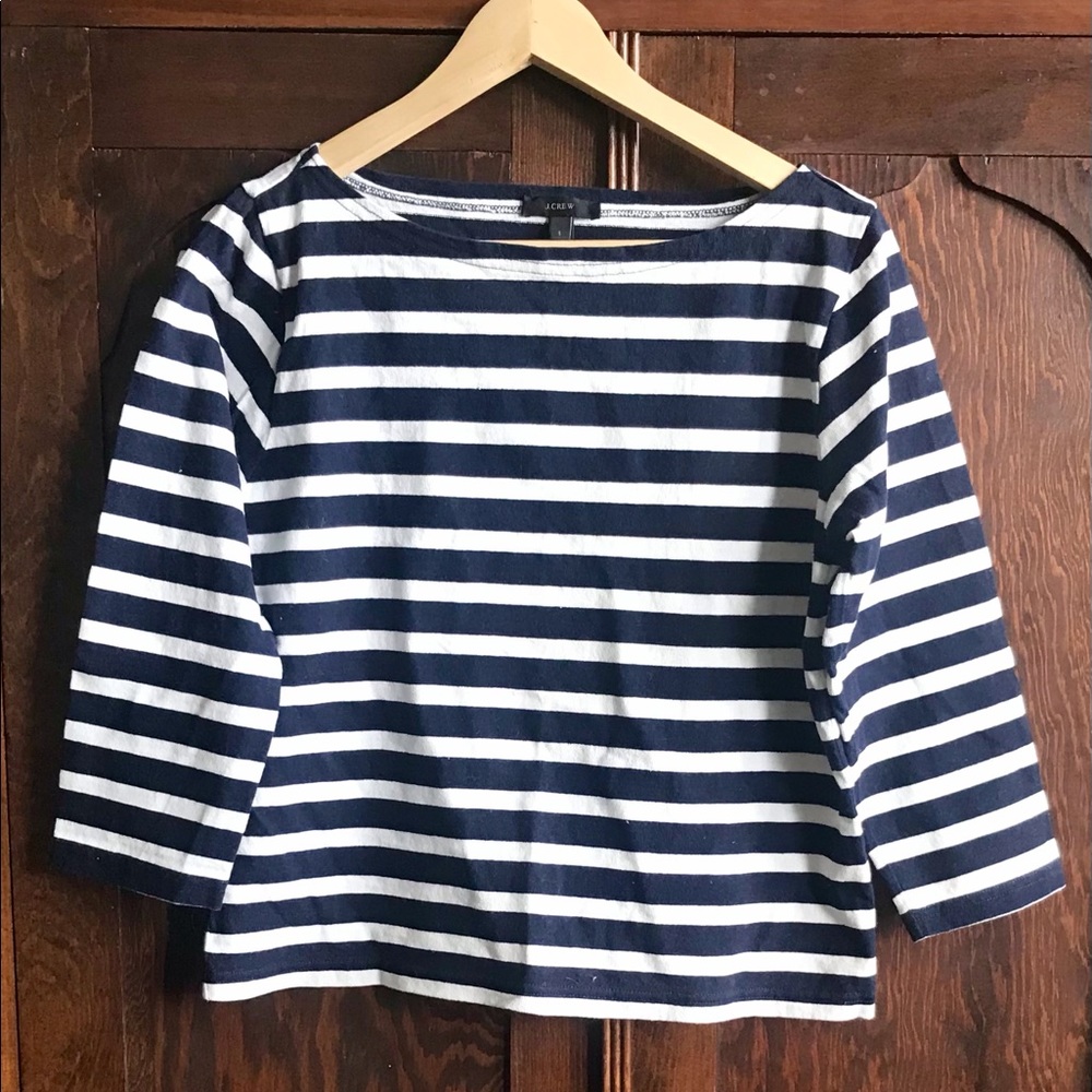 J. Crew blue and white stripe  boat neck 3/4 sleeve shirt.
